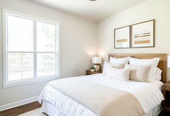 A bedroom with a bed, nightstands and pictures on the wall.