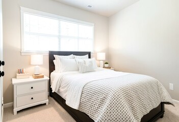 A bedroom with a bed, nightstands and a lamp.