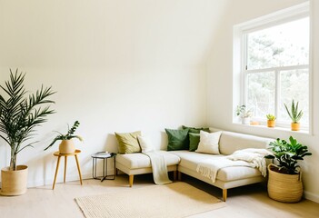 Fototapeta premium A bedroom with a bed, dresser and plants in it.