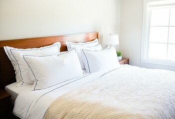 Obraz premium A bed with white sheets and pillows in a bedroom.