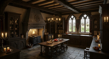 Timeless Elegance Captivating Vintage Kitchen Design Featuring Fireplace Lighting