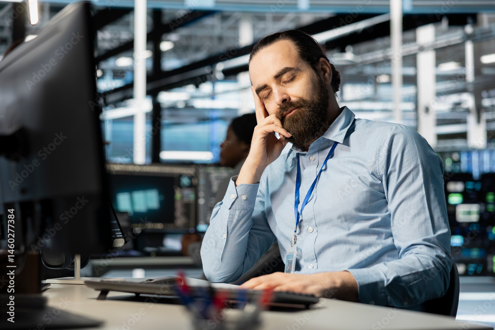 Poster exhausted server hub worker falling asleep at desk after repeated debugging attempts. tired technici