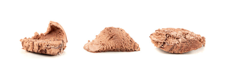Melted chocolate ice cream isolated, real melting cocoa icecream drops, chocolate ice stain