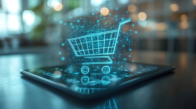 A futuristic depiction of a glowing digital shopping cart icon floating above a tablet screen. The cart’s structure appears made of light and data points, emphasizing technology’s impact on commerce