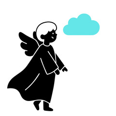 A cute little angel with wings looks up at a light blue cloud.  Vector illustration in a minimalist style. Black and white with a pop of light blue.