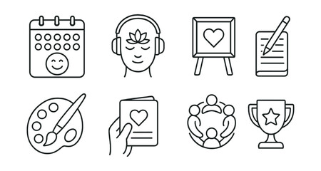 Line style icons of emotional resilience: smile habit tracker, mindfulness audio icon, resilience quote board, journaling time, expression paint set, care gratitude card, positive support ring, daily