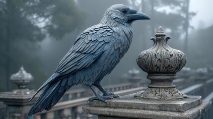 Fototapeta premium A shot of a dark raven standing on an old, weathered statue in thick fog, with a mysterious and enigmatic vibe. The scene immerses viewers in a world of mystery and silent beauty