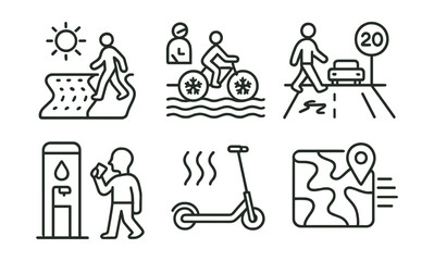 Line style icons of heat-sensitive urban mobility: shaded sidewalk loop, bike lane with cooling surface, early commute icon, slow street redesign, hydration stop at transit, micro-mobility heatboard,