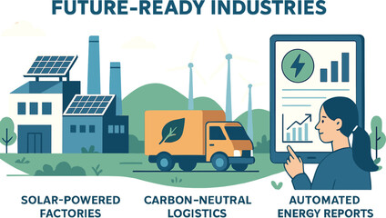 Future-ready industries — Vector illustration of solar-powered factories, carbon-neutral logistics, and automated energy reports
