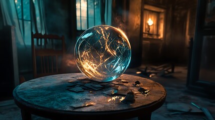 Mysterious orb on weathered table within a dilapidated home.