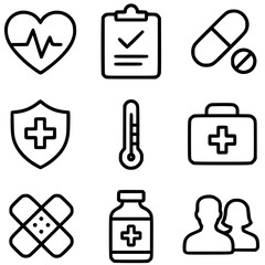 Healthcare and Medical Line Icons Set – Heart, Pills, Medicine, Thermometer, First Aid, and More