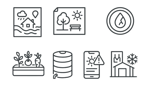Line style icons of resilience and adaptation topics: local flood map, shade plan poster, food garden icon, drought resource badge, water storage tank, community meeting flyer, heat warning app, cool