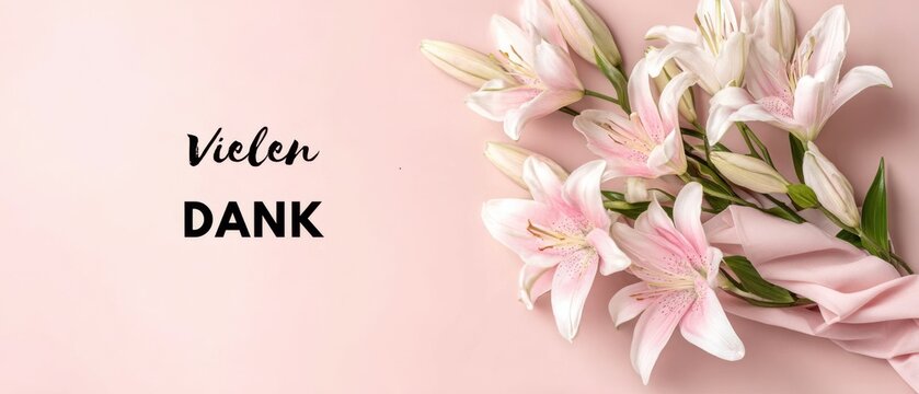 Zarte Rosa Lilien mit Vielen Dank Botschaft auf pastellfarbenem Hintergrund f&uuml;r Gru&szlig;karten und Dankbarkeit
