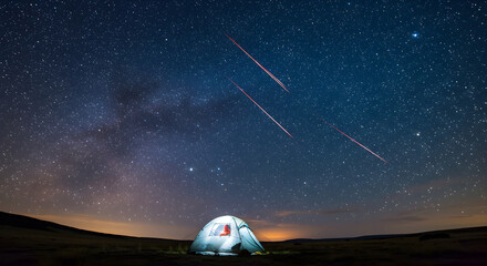 Nightscape Adventure Camping Under Shooting Stars With Lit Tent At Night