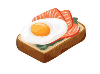 Sandwich made of bread with fried egg and salmon slices. Flat vector, clipart illustration isolated on white background.