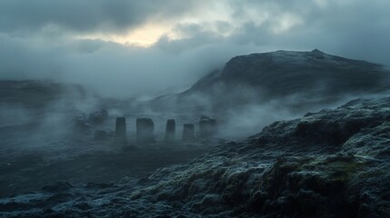 Ancient stone circle a misty moor soft light breaking through clouds cinematic mystical setting