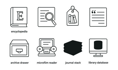 Line style icons of research and reference: encyclopedia book icon, magnifying glass on index, reference shelf tag, citation guide card, archive drawer, microfilm reader, journal stack, library