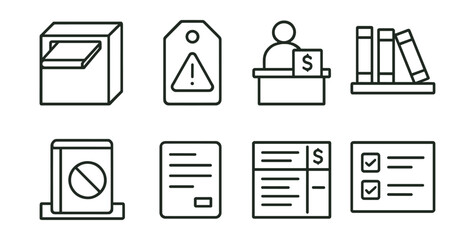 Line style icons of circulation services: book dropbox icon, overdue notice tag, fines payment counter, new books display, “on hold” shelf, return receipt card, late fee chart, renew request board.