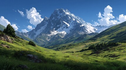 Obraz premium Majestic snowy peak amidst lush meadows