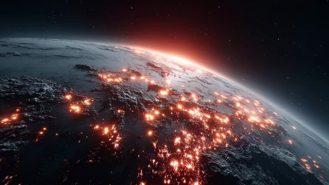 View of Earth from orbit with red glowing hotspots across surface and bright sunrise over horizon, space in background. Concept of global network or crisis monitoring