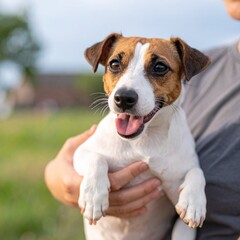 元気に飼い主に抱かれるジャック・ラッセル・テリアが、少しだけ動きのある瞬間を捉えた撮影。犬の活発で愛情あふれる表情が印象的

