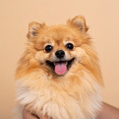 Obraz premium ポメラニアンが抱きかかえられ、カメラ目線で舌を出しながら微笑んでいるクローズアップ。背景はシンプルなマットベージュで、温かく優しい印象を与える