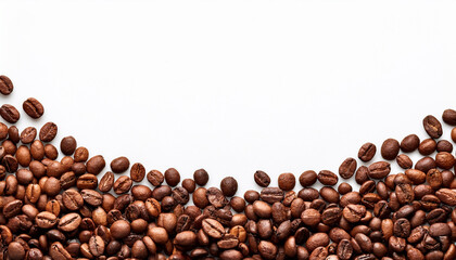 panoramic coffee beans border isolated on white background with copy space