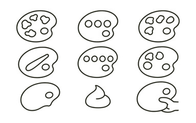 Line style icons of painter’s palette setup: mixed color blobs, primary colors row, neutral grays mix, limited palette layout, highlight/shadow set, palette edge wipe, fresh paint mound, thumb hole