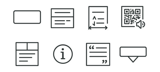 Line style icons of art labels and information: artist nameplate, material + date label, artwork dimensions card, QR to audio guide, label layout grid, info panel icon, wall text and quote, cultural