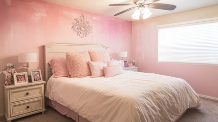 A bedroom interior design featuring soft pink hues.