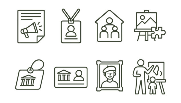 Line style icons of community museum engagement: open call flyer, volunteer badge, family day symbol, art and play zone, outreach program tag, museum member card, local artist highlight, guided art