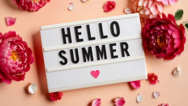 Hello summer lightbox sign surrounded by pink peonies and scattered petals on a peach background