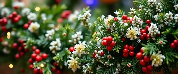 close up of a christmas tree with red berries