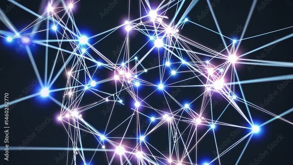 Poster complex network is growing, creating new connections between nodes with lines and dots, symbolizing 