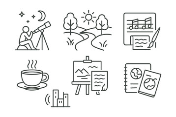 Line style icons of poetic inspiration sources: stargazing icon, nature path sketch, music notes page, painting and poem pair, silent morning cup, old photograph frame, city sounds symbol, travel