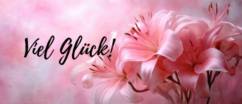 Zarte rosa Lilienbl&uuml;ten mit Viel Gl&uuml;ck Schriftzug auf vertr&auml;umtem Hintergrund f&uuml;r Gl&uuml;ckw&uuml;nsche und positive Botschaften