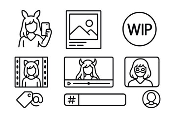 Line style icons of cosplay social media sharing: selfie in costume icon, progress post frame, “WIP” badge, “costest” photo strip, final reveal screen, tag and credit icon, fandom hashtag bar,