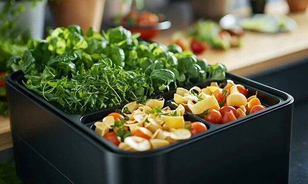 Fresh vegetables and herbs arranged in a kitchen setting.