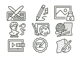 Line style icons of cross-medium expression: paintbrush and keyboard combo, pencil with musical note, photo + ink fusion, sculpture and motion pair, digital + traditional icon, textile and print