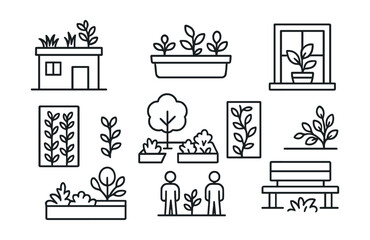 Line style icons of urban greening basics: rooftop garden icon, balcony planter box, potted plant on windowsill, climbing vine on wall, vertical garden panel, sidewalk tree planter, shared courtyard