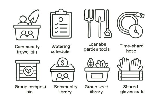 Line style icons of shared green tools and resources: community trowel bin, watering schedule clipboard, loanable garden tools set, time-shared hose, common compost bin, group budget box, community