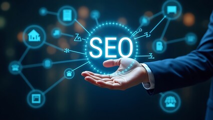 Fototapeta premium Conceptual digital SEO network presented on an open human palm hand