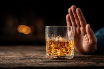 Stop Alcohol Concept, Hand Refusing Whiskey on Wooden Table - Alcohol Abuse Prevention, Dark Background