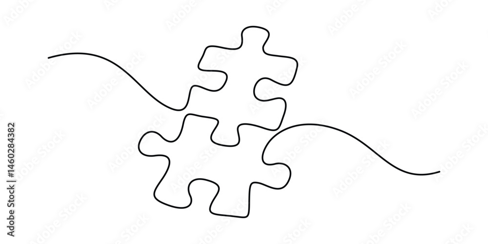 Poster Puzzle in one continuous line drawing. Jigsaw with two piece is teamwork concept in simple linear style. Business and team symbol in in Editable stroke. Monoline vector illustration