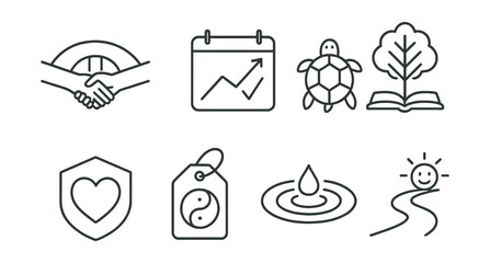 Line style icons of hope and sustainability in teaching: “you’re not alone” bridge, next year with ease plan, “slow down to stay” icon, longevity in teaching tree, passion preservation badge, balance