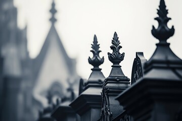 Ornate iron fence finials atop a wall, showcasing intricate detailing against a blurred background of aged architecture.