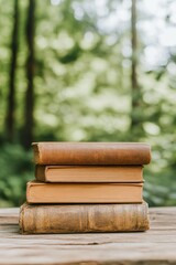 Stack of vintage books outdoors with natural green background