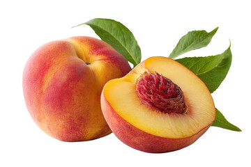 Fresh juicy ripe peaches with green leaves isolated on red food leaf life on transparent background