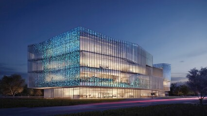 Obraz premium Modern architectural building featuring glass facade and digital design