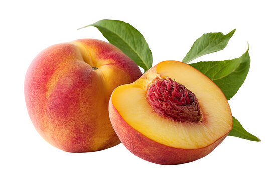 Fresh juicy ripe peaches with green leaves isolated on red food leaf life on transparent background